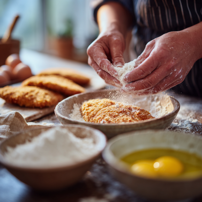 Hands breading chicken schnitzel with flour, eggs, and breadcrumbs on a kitchen counter.