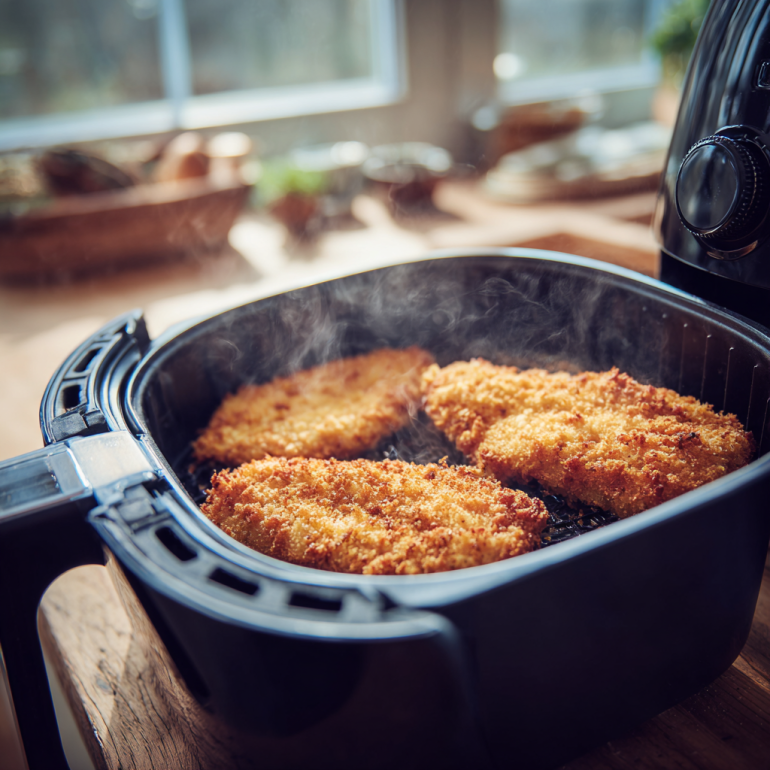 Chicken schnitzels cooking in an air fryer basket, turning golden and crisp.
