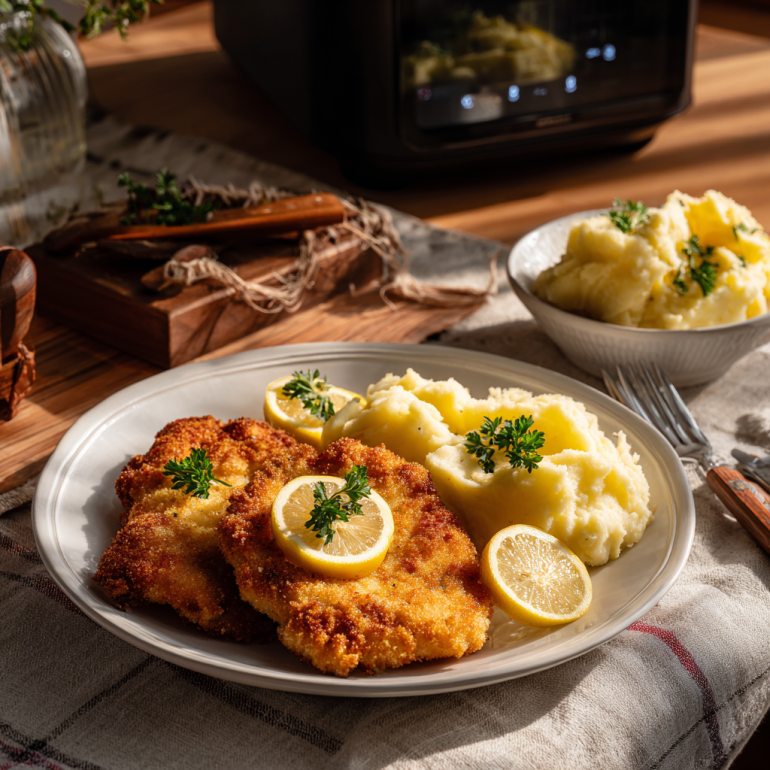 Family table with air fryer chicken schnitzel, sides, and lemon wedges under warm light.