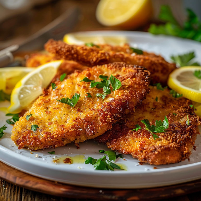 Golden air fryer chicken schnitzel served with lemon wedges and parsley on a rustic table.