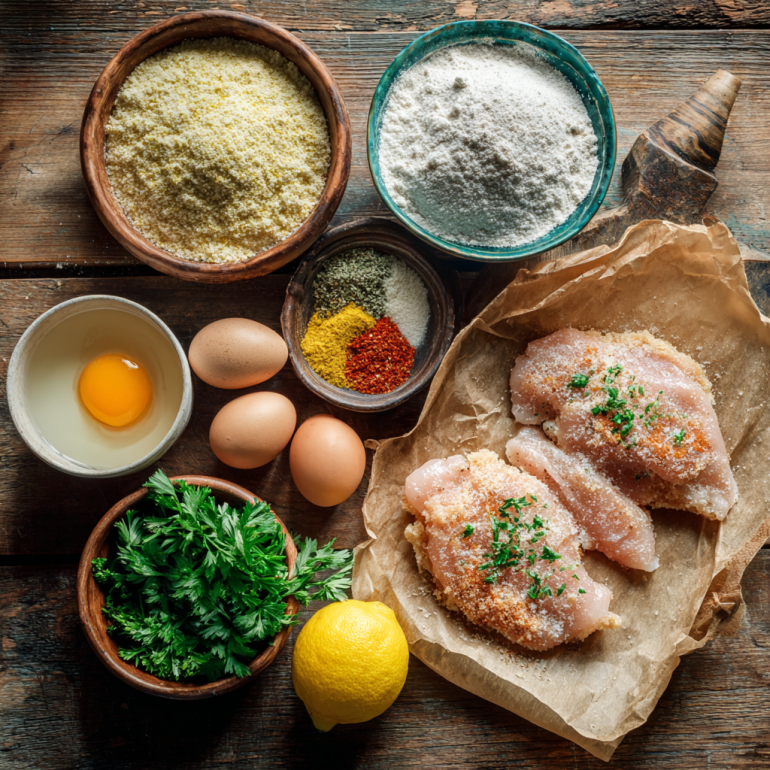 Ingredients for making air fryer chicken schnitzel arranged on a rustic wooden table.