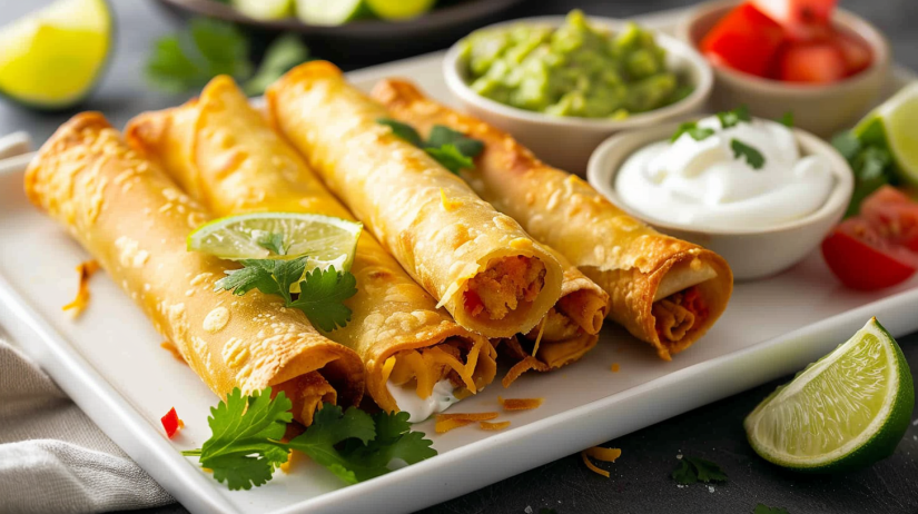 Golden crispy air fryer chicken taquitos on platter showing melty cheese filling with sour cream and guacamole