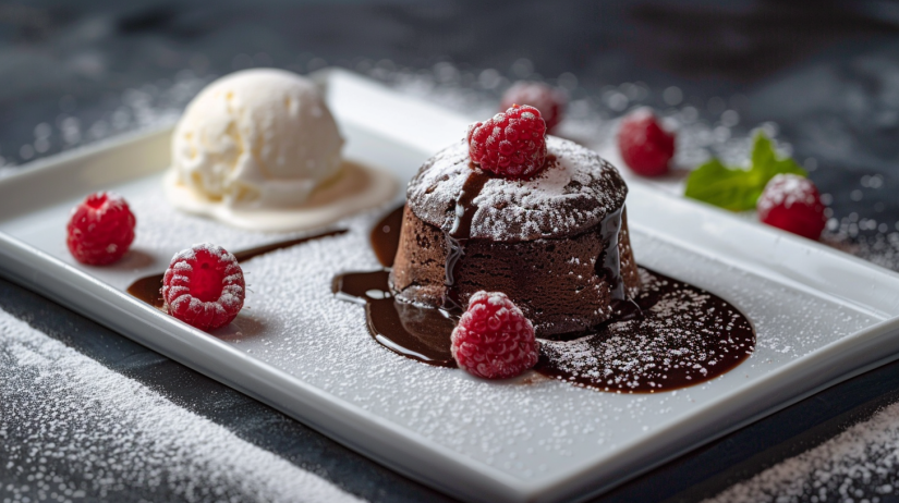 Air fryer chocolate lava cake with molten center flowing out next to vanilla ice cream