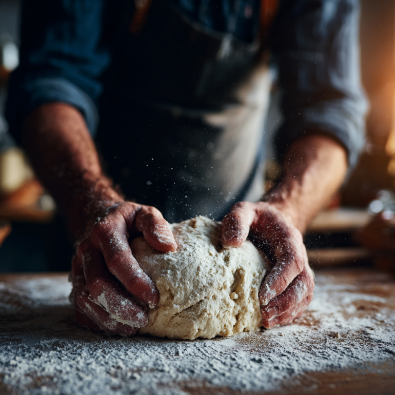 Baker kneading homemade cinnamon roll dough on a floured countertop.
