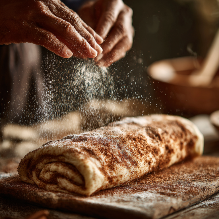 Cinnamon sugar filling being rolled inside homemade cinnamon roll dough.