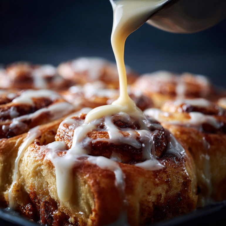 Hand pouring glaze over warm air fryer cinnamon rolls.