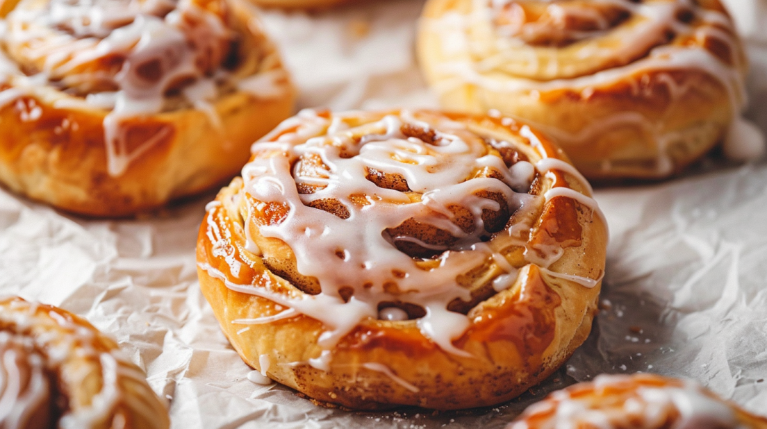 Air fryer cinnamon rolls with cream cheese glaze on a plate in a cozy kitchen.