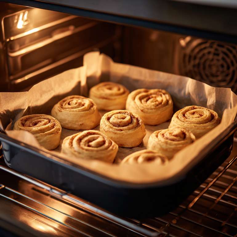 Unbaked cinnamon rolls cooking in an air fryer basket lined with parchment paper.