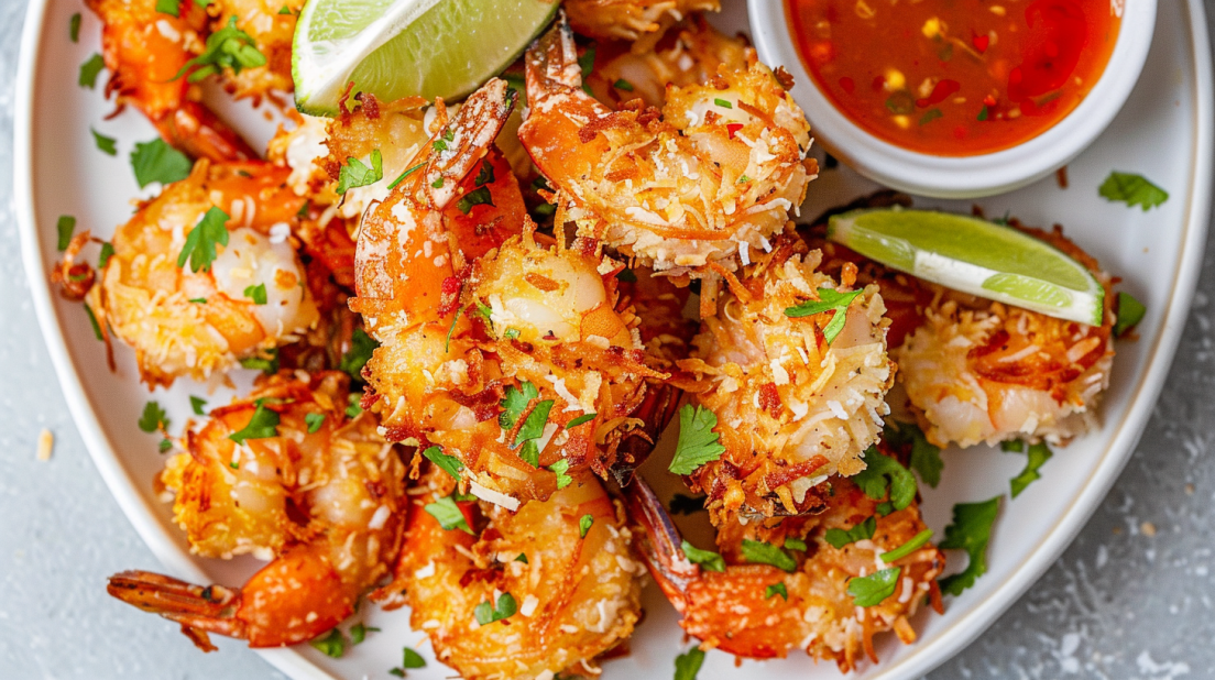 Air fryer coconut shrimp with golden crispy coating and sweet chili dipping sauce