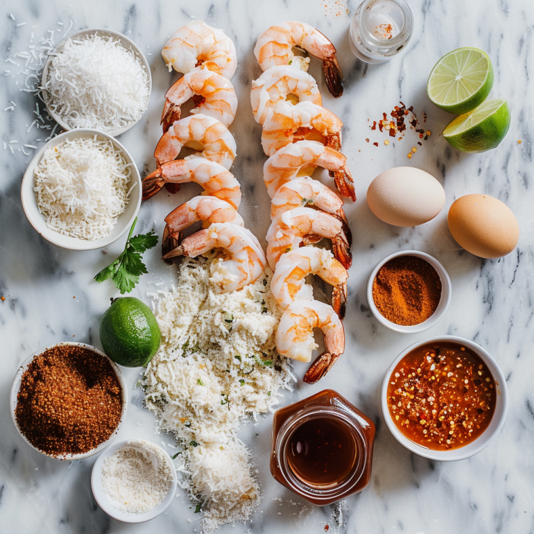 Ingredients for air fryer coconut shrimp including shrimp, coconut, panko and seasonings