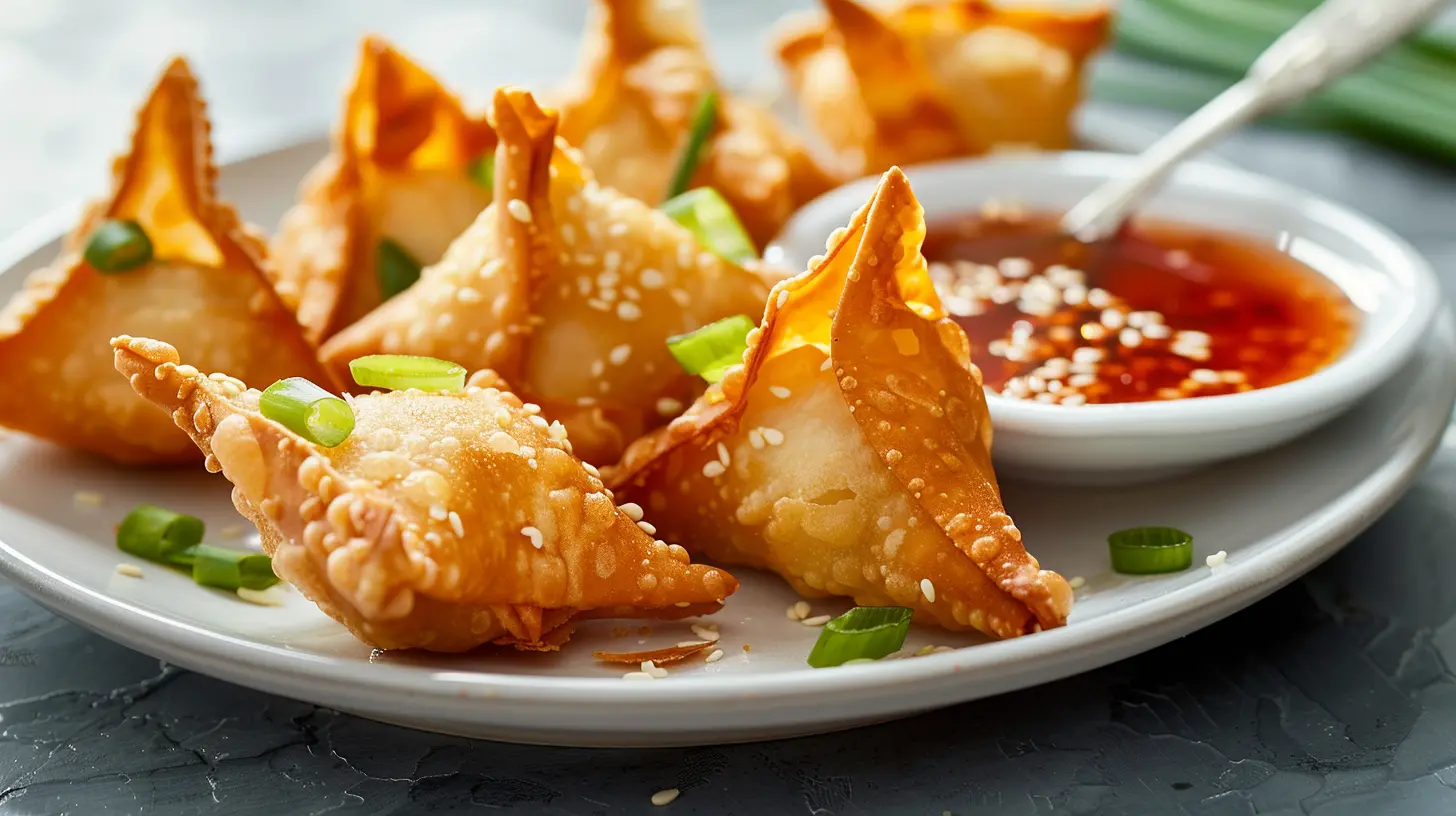 Crispy golden air fryer crab rangoon on white plate with one cut open showing creamy filling and sweet and sour dipping sauce
