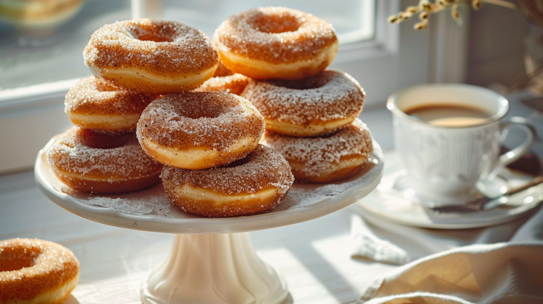 Stack of fluffy golden air fryer donuts coated in cinnamon sugar on cake stand with morning coffee