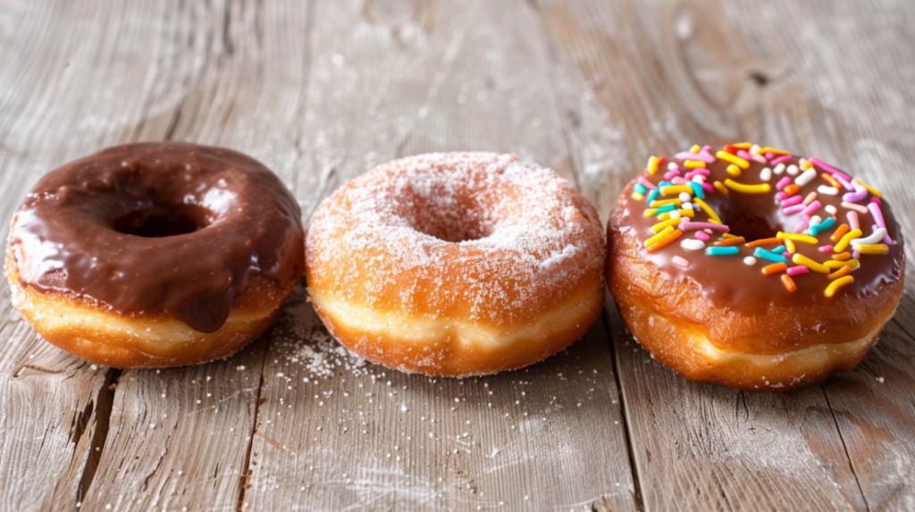 Four air fryer donut glaze variations including chocolate, vanilla, maple, and powdered sugar