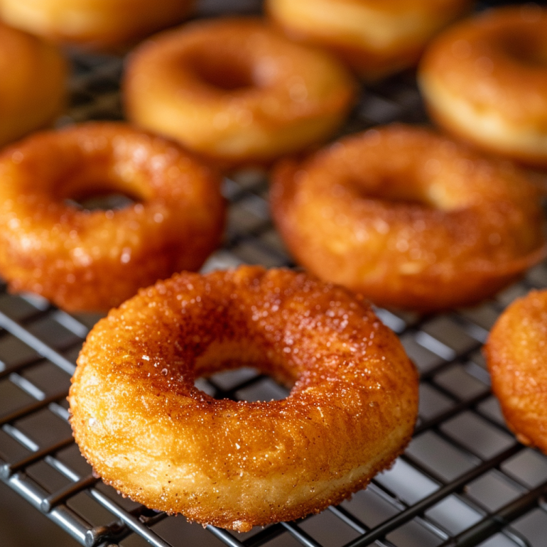Golden brown air fryer donuts fresh from cooking showing perfect fluffy texture and color