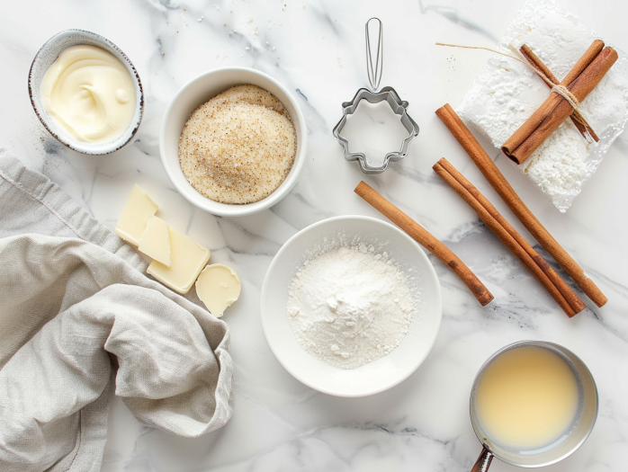 Simple ingredients for air fryer donuts including canned biscuit dough, sugar, cinnamon, and butter