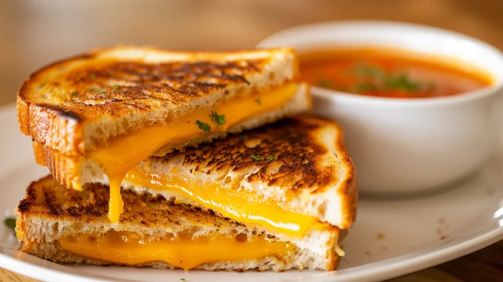 Golden crispy air fryer grilled cheese sandwich cut in half showing melted cheese pull with tomato soup