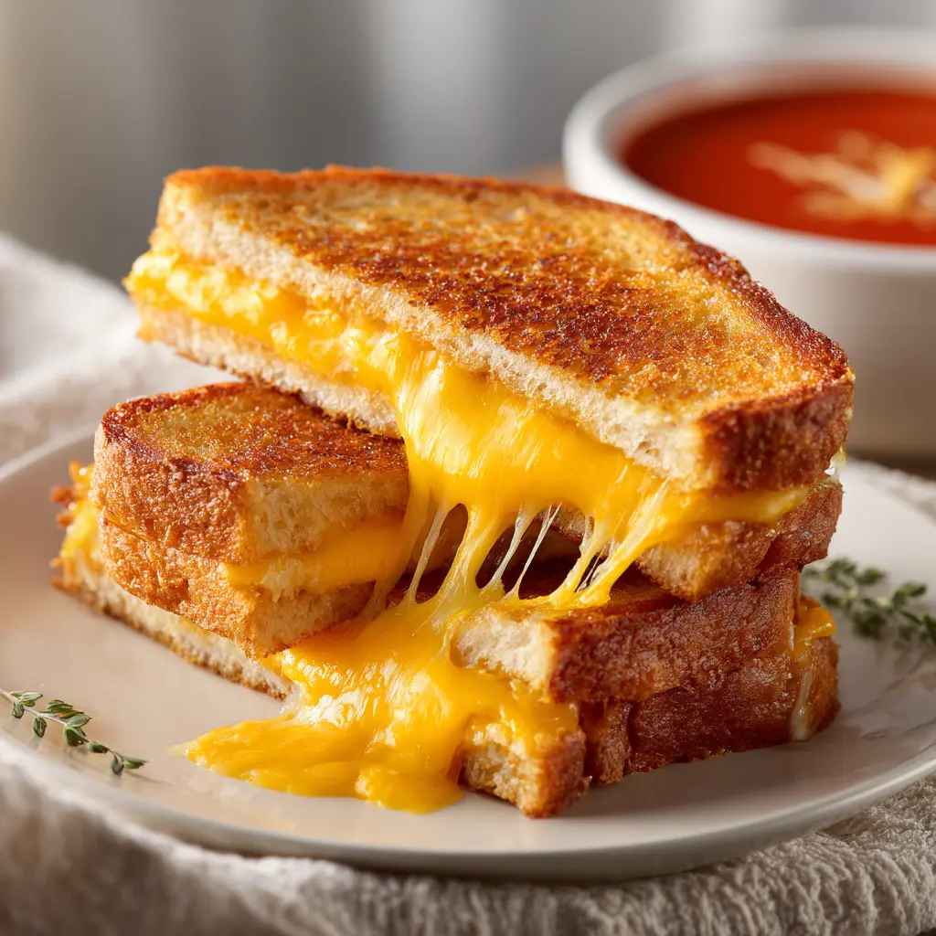 Golden crispy air fryer grilled cheese sandwich cut in half showing melted cheese