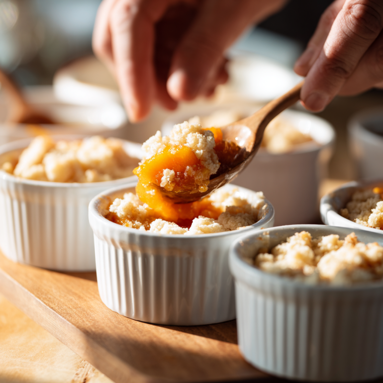 Assembling air fryer peach cobbler by layering batter and peaches in ramekins.