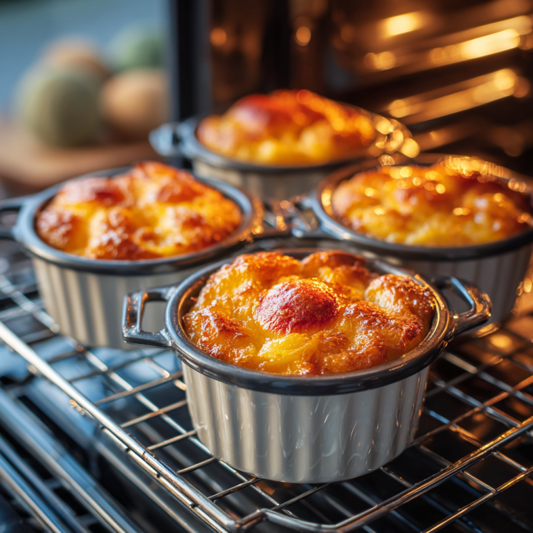 Peach cobbler baking in an air fryer basket with golden brown tops.