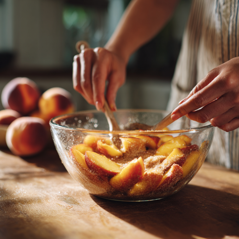 Mixing peach slices with brown sugar and cinnamon for cobbler filling.