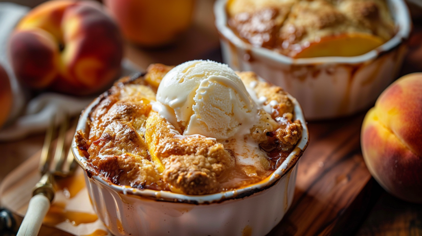 Air fryer peach cobbler with golden crust and ice cream in a rustic ramekin.
