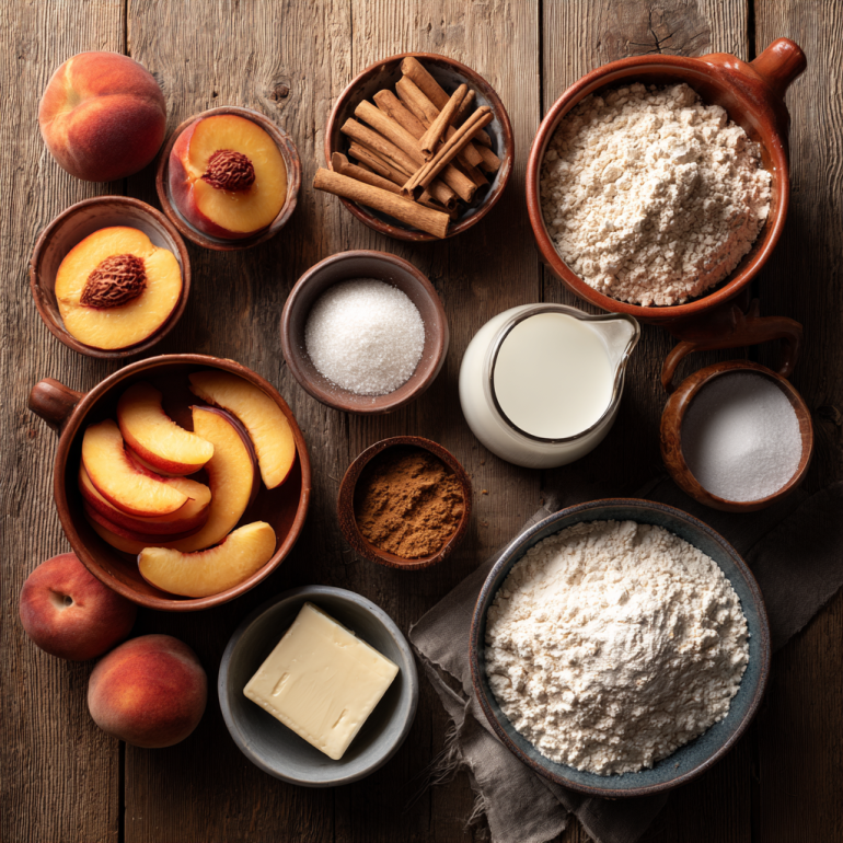 Ingredients for homemade air fryer peach cobbler on a wooden kitchen surface.