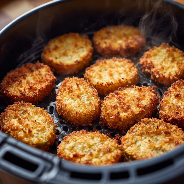 Breaded pickle chips cooking in an air fryer basket until golden brown.