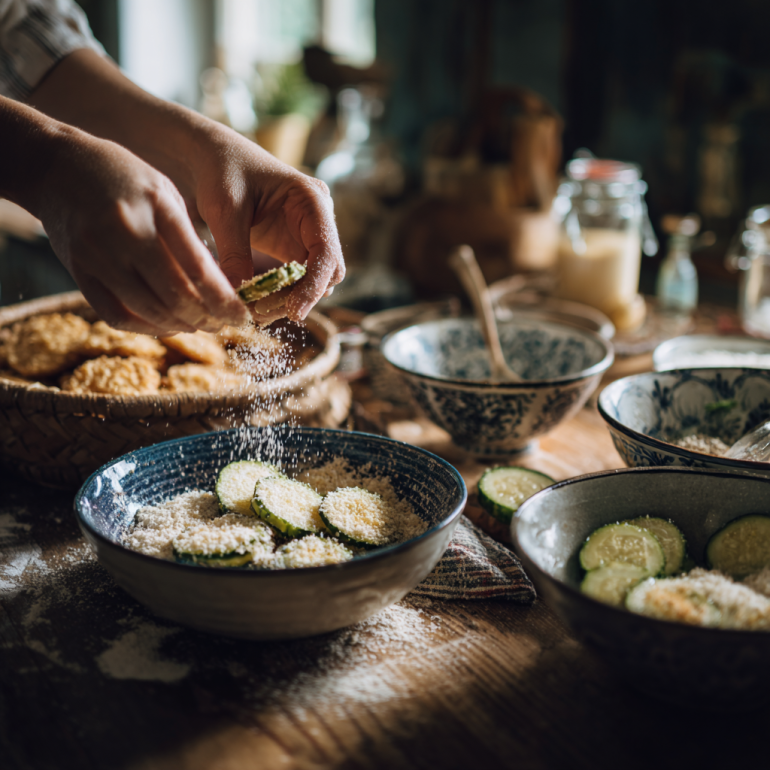 Dipping pickle slices into flour, egg wash, and breadcrumbs for air frying.