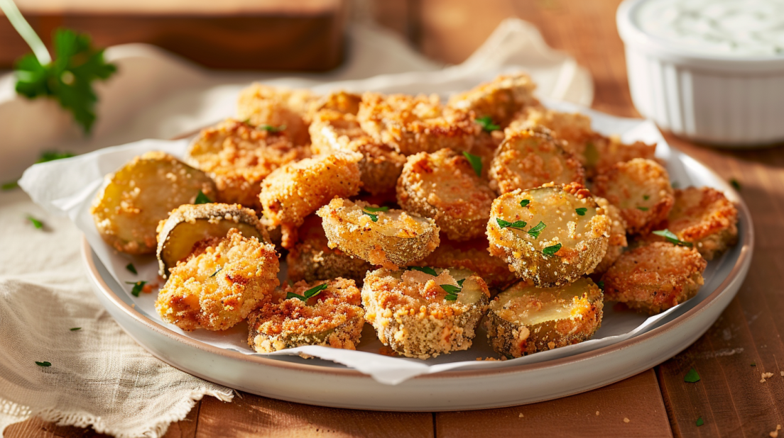 Crispy air fryer pickles with ranch dip on a rustic plate.