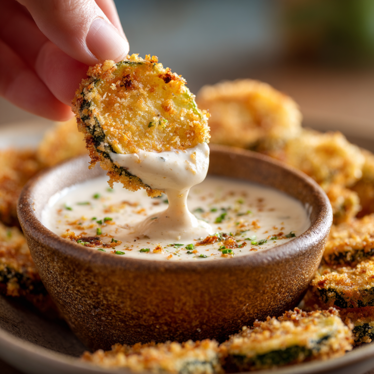 Dipping a crispy air fryer pickle chip into ranch dressing.