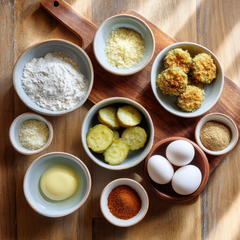 Ingredients for making air fryer pickles laid out on a wooden kitchen counter.