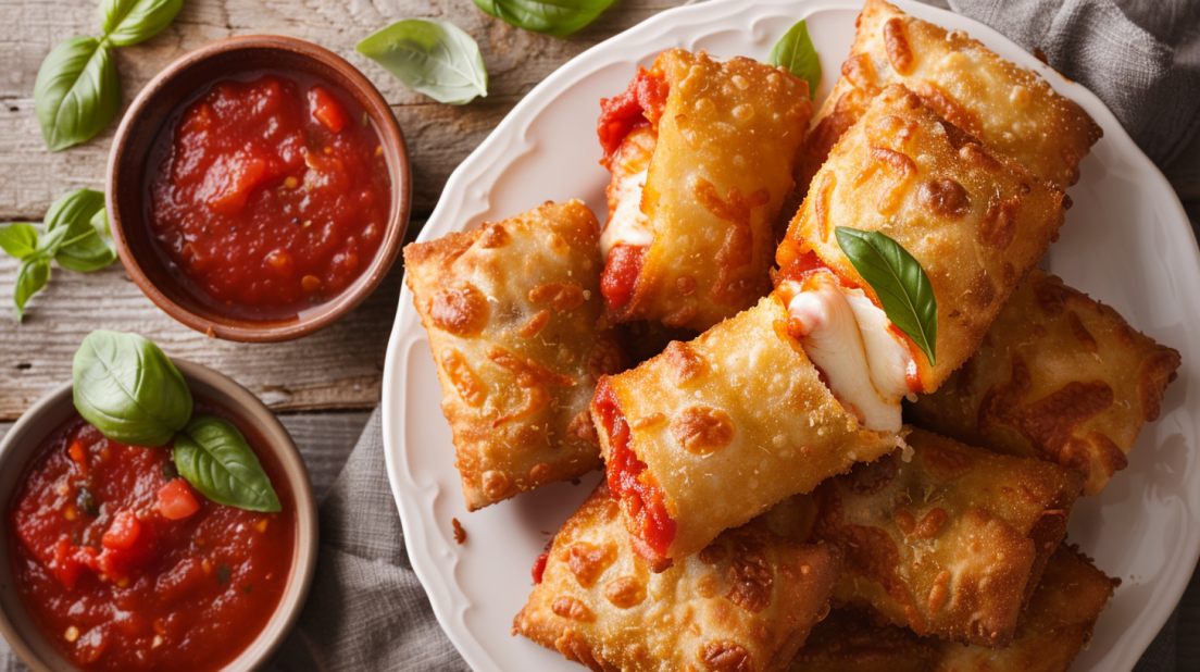 Crispy golden air fryer pizza rolls on white plate with one cut open showing melted cheese and pepperoni filling with marinara dipping sauce