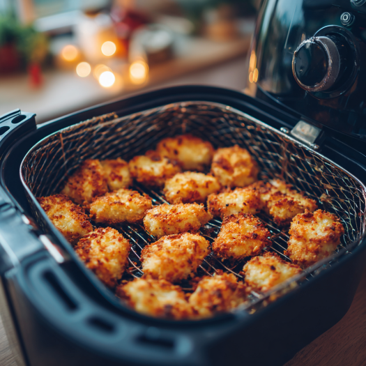 Air fryer basket with popcorn chicken cooking to golden crispness.