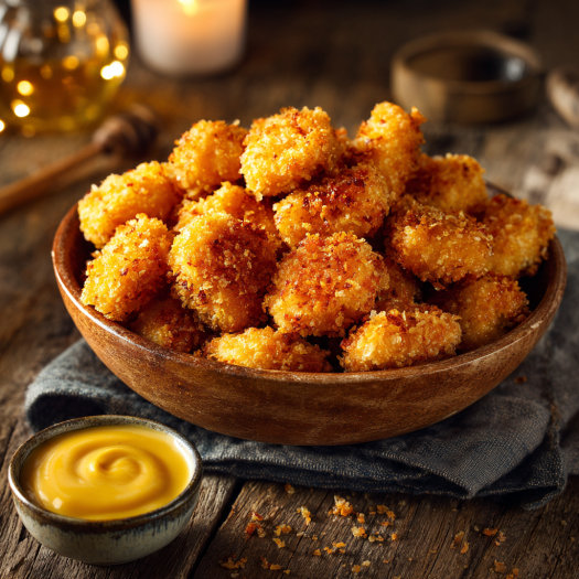 Golden air fryer popcorn chicken in a bowl with honey mustard dip on a wooden table.