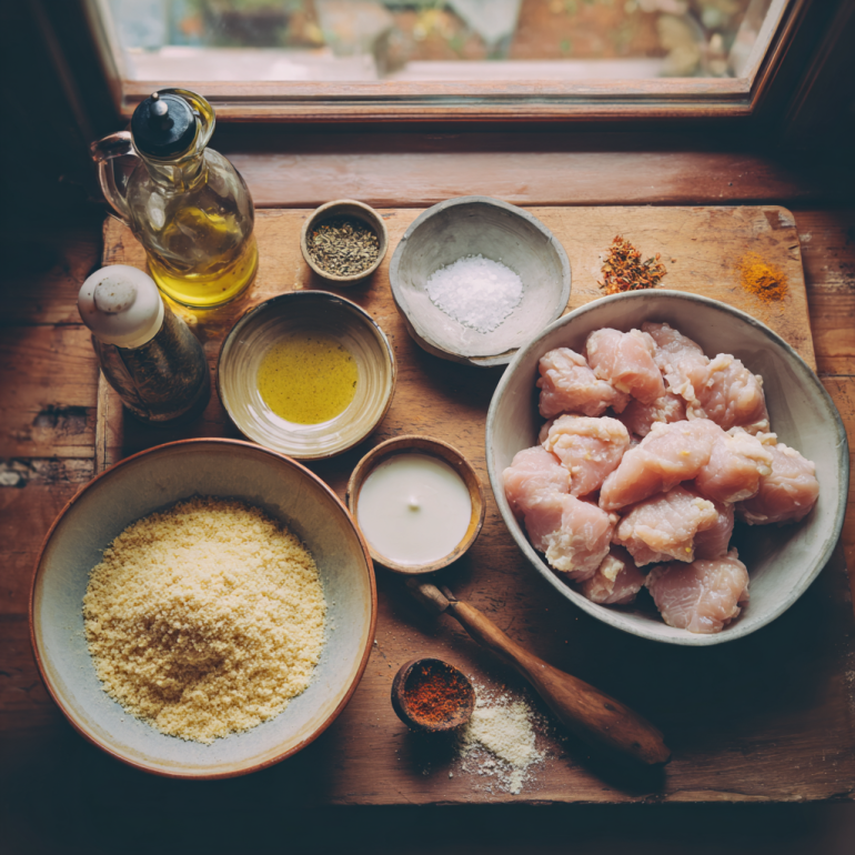 Ingredients for air fryer popcorn chicken arranged on a wooden countertop