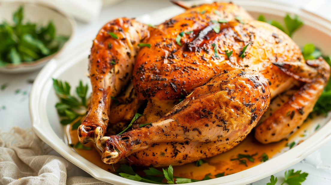 Air fryer roasted whole chicken with golden crispy skin and herb seasoning