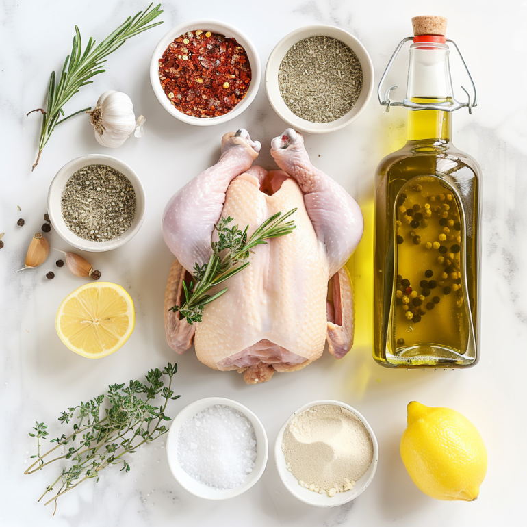 Ingredients for air fryer roasted chicken including whole chicken, herbs, spices and aromatics