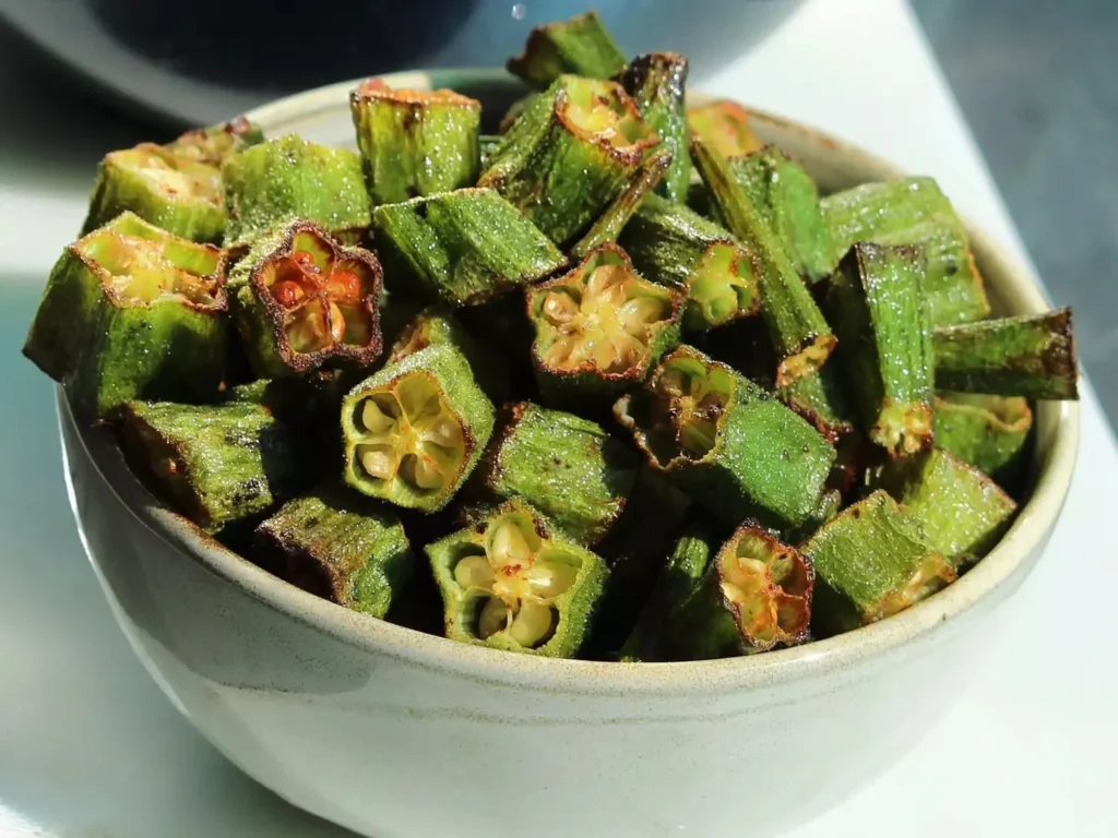 Crispy air fryer roasted okra served in a bowl with spices