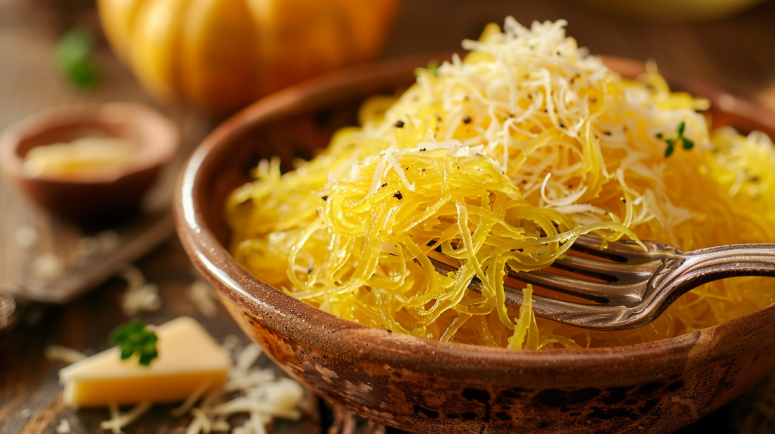Golden air fryer spaghetti squash strands twirling on fork with butter and parmesan