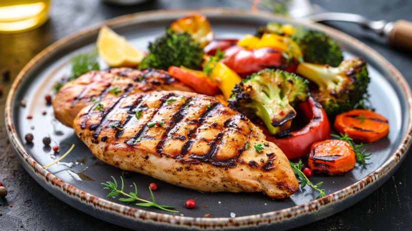 Air-fried vegetables served with grilled chicken for balanced healthy dinner