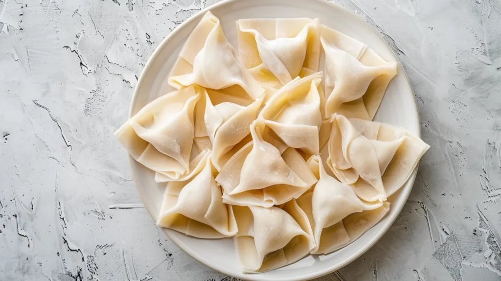 Plate of assembled crab rangoon with sealed wonton wrappers ready for air frying