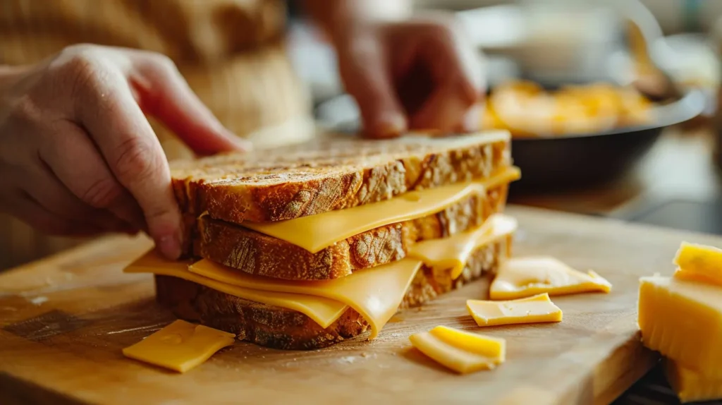 Layering cheese slices on buttered bread to assemble air fryer grilled cheese sandwich
