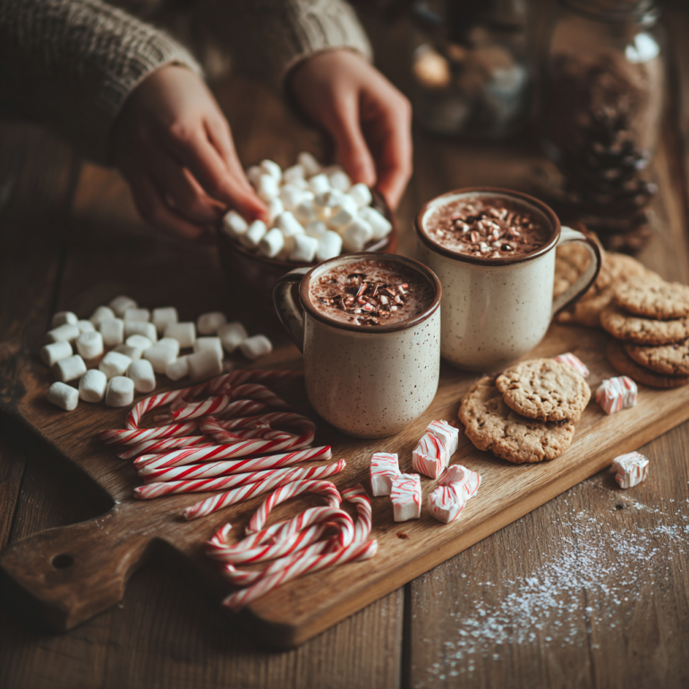 Hands arranging marshmallows and cookies on a wooden hot chocolate board.