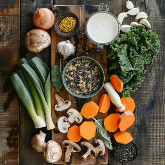 Complete ingredients for autumn wild rice soup including wild rice, mushrooms, sweet potato, kale, and coconut milk