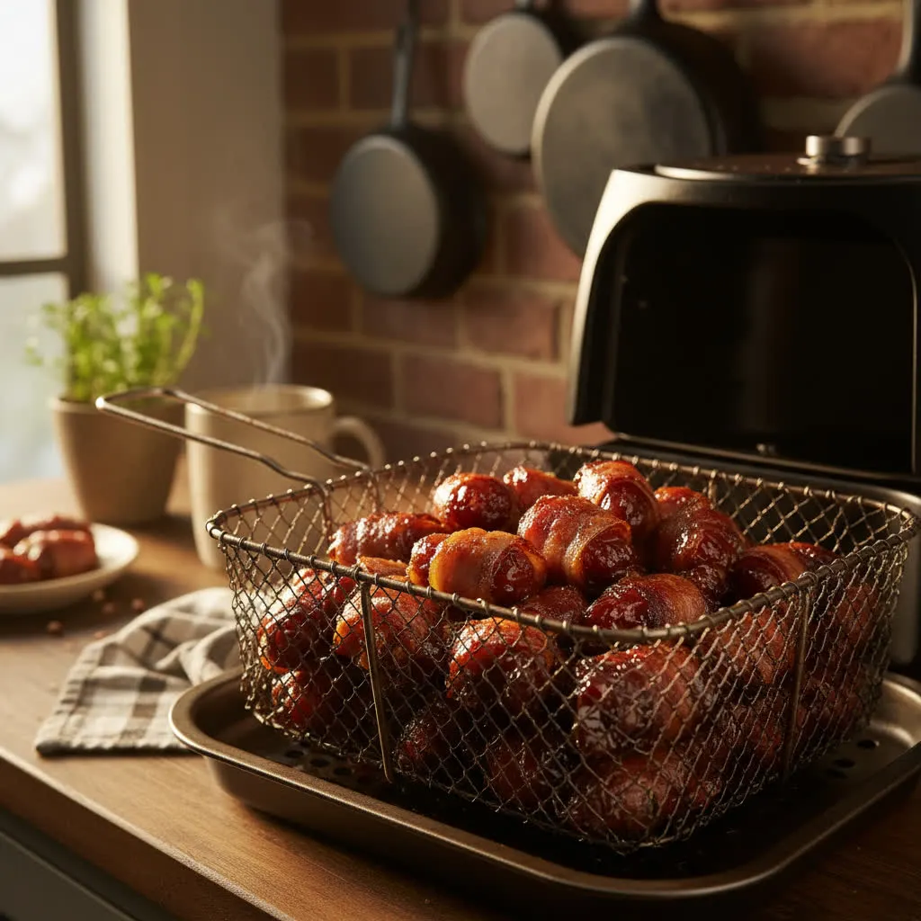 Bacon-wrapped dates crisping inside an air fryer basket.
