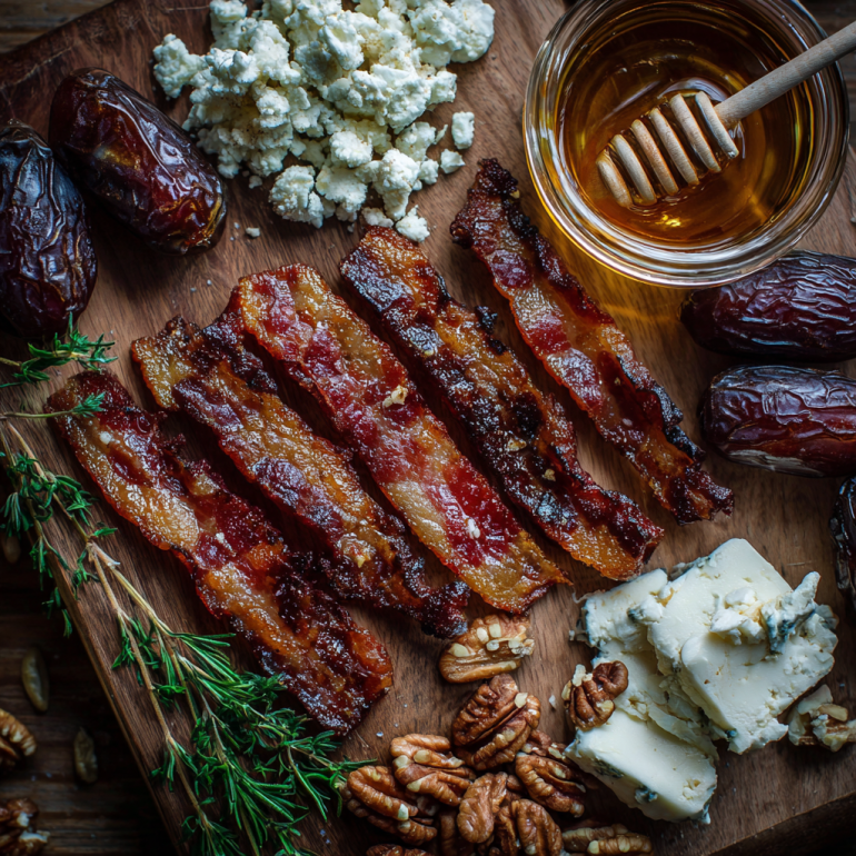 Ingredients for bacon-wrapped dates arranged on rustic wooden surface.