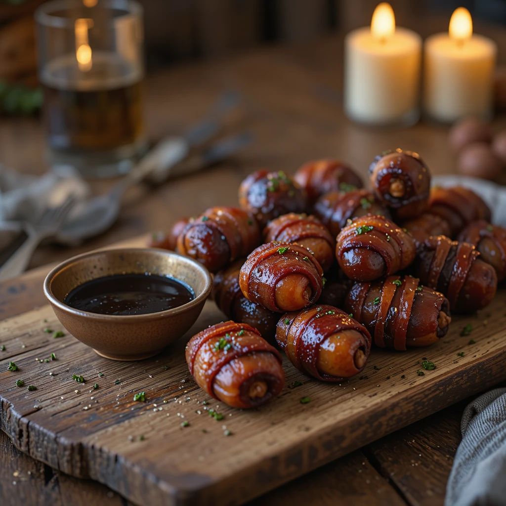 Platter of bacon-wrapped dates served with balsamic glaze on rustic table.