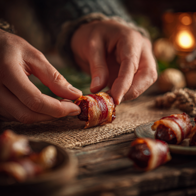 Hands wrapping bacon around a date stuffed with cheese.