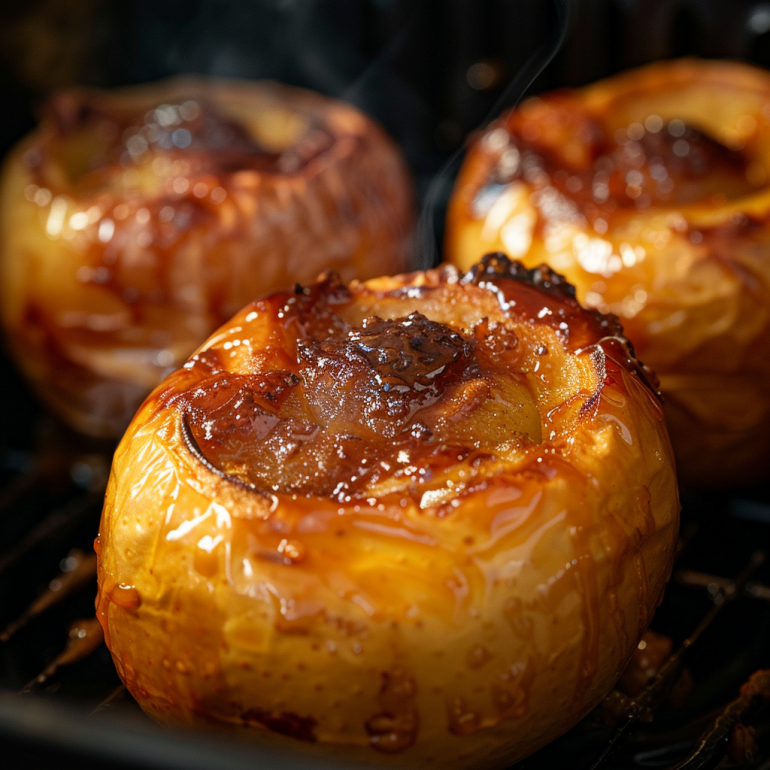 Baked apples cooking in air fryer showing bubbling caramelized filling and softening fruit