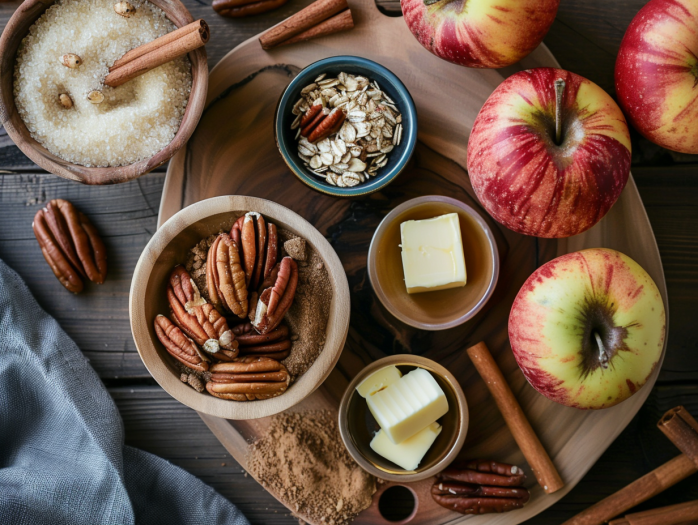 Fresh apples and ingredients for air fryer baked apples including brown sugar, cinnamon, and butter